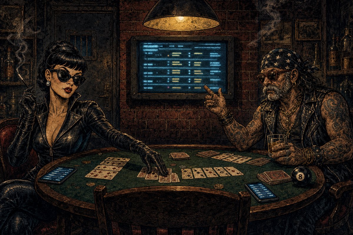 The Double Agent and the Eight Ball mid-hand at the felt, scores glowing on their phones and the wall screen